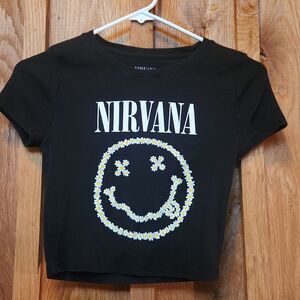 Nirvana Band Crop Top Short Sleeve Daisy Smile Ribbed Shirt, Junior Medium Black